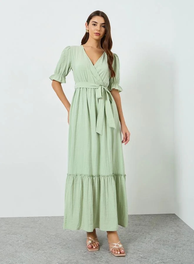 Styli Green Textured Maxi Dress with Tie-Belt